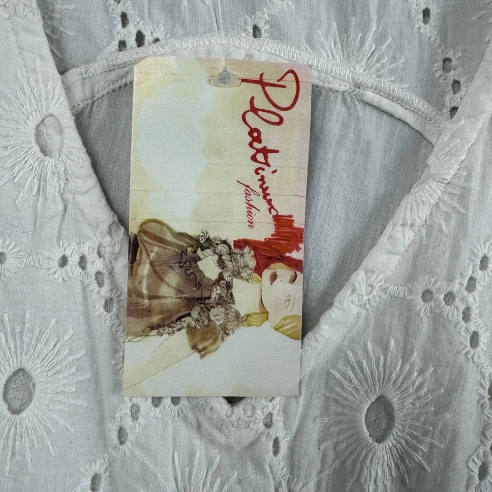 Platinum Tunic Top Womens Small Medium White Eyelet Embroidery Lagenlook NEW - Picture 3 of 12